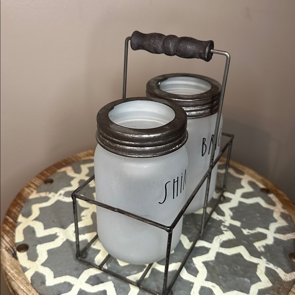 RAE DUNN Shine Bright Mason Jars Set Tea Light Holders Carrier Caddy Frosted - Picture 2 of 5